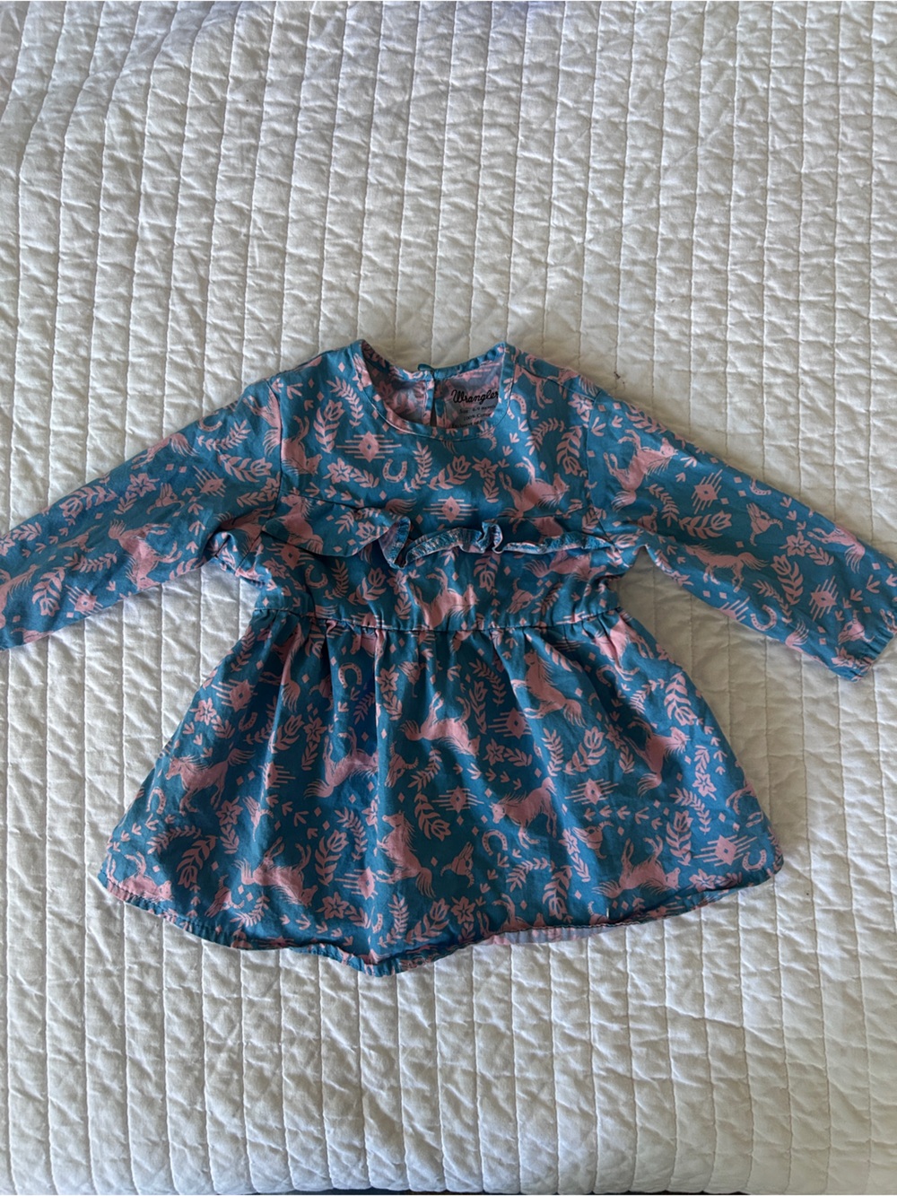 Wrangler Blue Long Sleeve Dress with Pink Horse Cowgirl Western Print Baby Girl
